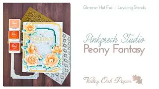 Pinkfresh Peony Fantasy Card with Nested Frames. Stenciled in Sunset Colors & Hot Foiled 4K