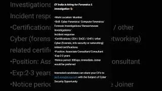 Cyber Forensic Job Opportunity! #security #cybersecurity #cyberforensics  #cybersecurityjobs