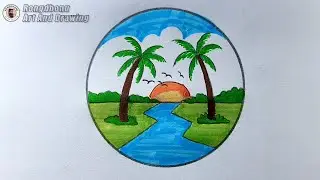Beautiful Sunset Scenery Drawing with Palm Trees and River | Easy Nature Drawing Tutorial