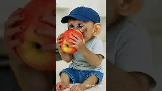 cute baby monkey eating apple 🍎
