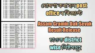 Assam Gramin Dak Sevak Result Release//Assam Post office result 2022/See district wise list