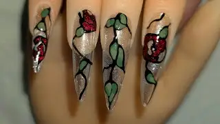 Stained Glass Rose Nails 🌹✨ | Deep Red Cat Eye Flowers & Green Leaves