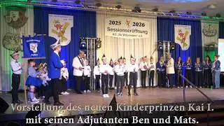 Sessionseröffnung 2025-2026 Tüddern, vorstellen des Kinderprinzen Kai I. mit Adjutanten Ben und Mats