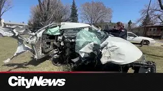 Driver to hospital, SUV destroyed after colliding with tree in NE Calgary