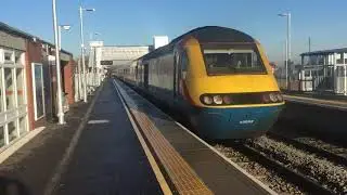 market Harborough train station EMR trains going at high speed in blue sky 2/11/19