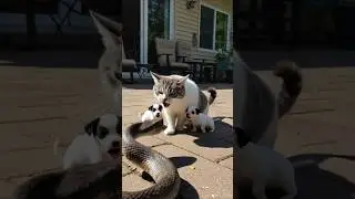 Mama Cat and Puppies vs Snake, Tense Standoff #cat #catmom #catvssnake #snake