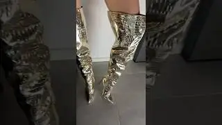 Try On Gold High Heel Boots | Shiny Snake Print Stilettos #heels #highheelslover #boots
