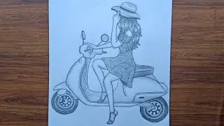 A girl sit in the scooty drawing || beautiful girl drawing