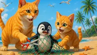 Mama Cat Gives Her Kitten a Fun Beach Trip 🏖️🐱🌊 and Rescues a Penguin on the Shore 🐧💙✨