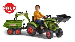 Falk - 360&deg; overview of Claas pedal tractor with front loader, digger and maxi trailer (ref.1010W)