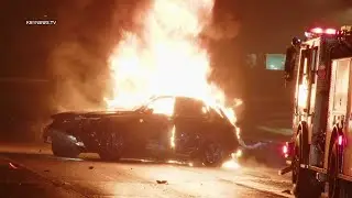 San Dimas, CA: Driver Crashes Attempting to Avoid Solo Vehicle Fiery Collision on 57 Freeway