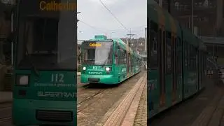 Sheffield Supertram 112 arrives into Ponds Forge with a Purple Route Service for Cathedral