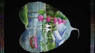 Landscape Painting on peepal leaf/How to paint leaf skeleton