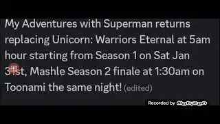 My Adventures With Superman to replace Unicorn at 5AM on January 31, 2026.