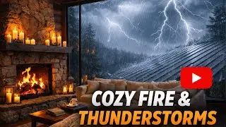 Zen Mental Mindfulness | Severe Thunderstorm | Cozy Fireplace Inside | Heavy Rain on Metal Roof