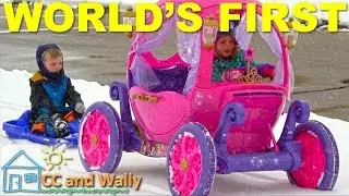 Disney Princess Carriage Can it pull a sled? In the Snow with a Ride On Power Wheels Kids Toys vlog