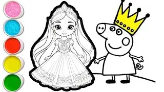 Peppa pig with princess drawing and coloring for kids and toddlers || easy peppa pig drawing