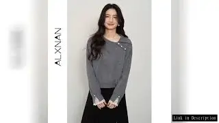 ALXNAN Grey Sweaters Lace Patchwork Slant Collar Buttons Loose-fit Short Pullovers Elastic Hem Roman