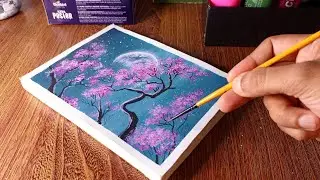 Flowers and Moon Painting | Step by Step Painting Tutorial | Acrylic Painting for Beginners