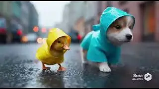 빗길 산책하는 댕댕이와 아기 오리 / Dog walking in the rain with a baby duck