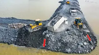 Activity Many Heavy Power Dozer Shantui Pushing Stone & 25.5T Truck Fill Stone​ Go into deep water
