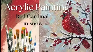 Painting Red Cardinal in Snow with Acrylic | Step by step painting tutorial | Easy to follow