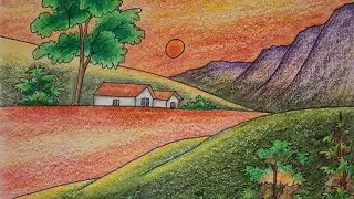 HOW TO DRAW A SUN SET SEEN WITH PLASTIC CRAYON  COLOURS BY SS BLOWRIA ARTIST #LANDSCAPE#SCENERY#ART