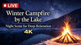 LIVE 🔴 Winter Campfire by the Lake | Night Scene for Deep Relaxation 4K