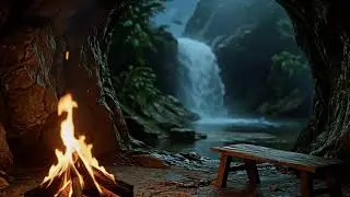 Soothing Fire & Waterfall Ambience with Birds | Cozy Hearth ASMR | Relax & Focus