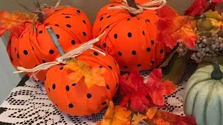 Fabric covered pumpkins. No sewing and no glue needed to glue material closed.