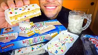 ASMR LITTLE DEBBIE BIRTHDAY CAKE CUPCAKES EATING SOUNDS WITH MILK CANDY SHOW