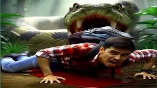 Green anaconda attack boy in Amazon forest. Mysterious Amazon Forest