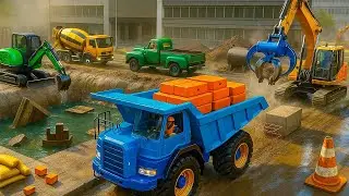 Construction Works: Excavator Loads Bricks While Dump Truck Clears Flooded Site