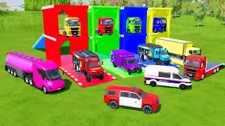 TRANSPORTING COLORFUL MIXER TRUCK, KARA TRUCK, MERCY POLICE CARS, AMBULACE, MINI TANKER FS22