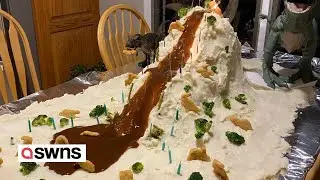 Mum creates Jurassic Park-themed mashed potato mountain | SWNS