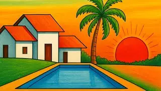 Beautiful sunset view by the pool|Relaxing scenery art||