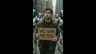 Human vs Robots: Sam Altman holding a sign WILL WORK FOR FOOD in the middle of a city populated excl