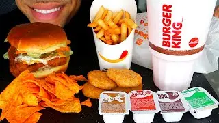 ASMR EATING BURGER KING CHICKEN NUGGETS DORITOS FRIES LARGE SODA RANCH BBQ SAUCE MUKBANG NO TALKING