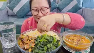 Sidra Macha Gundruko Jhol, Pork Choila Sag Fry & Rice// Nepali #mukbang 
