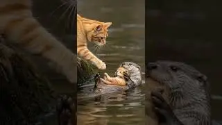 Mother Cat Reaches Out as a Brave Otter Lifts Tiny Kitten #cute #animals #wildlife