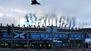 RAF Typhoon fly past century old Murrayfield Stadium to support Scottish Rugby V New Zealand #raf