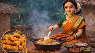 Rainy Day Pakora Cooking 🌧️ | Doll Making Pakoras on Chulha | Miniature Village Life ASMR