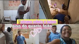 🔨Piso do quarto feito PAREDE DO BANHEIRO QUASE FINALIZADA🧱 CERÂMICA na parede ta ficando lindo💞