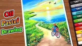 Beautiful Sunset Lake Scenery with Girl on Bicycle | Easy Oil Pastel Drawing | Step By Step LiGi Art