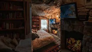 Cozy Stone Cabin ❄️🔥 | Winter Bedroom, Fireplace & Snow View #cabin #winter #cozy #shorts