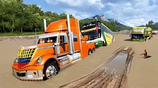 Camión GRÚA RESCATE un _AUTOBUS en un_ RIO de Colombia American Truck Simulator