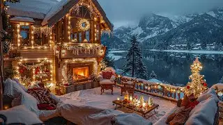 Warm Fireplace Christmas Terrace Ambience 🔥 Soft Christmas Jazz Music for Relaxing, Reading & Calm