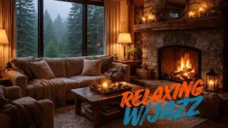 CozyRoom Ambience with Smooth Jazz Music - Rain on Window & Warm Fireplace Sounds for Sleep