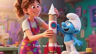 Little Smurf learns to make paper rockets