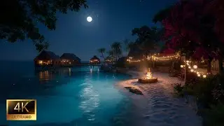 Calming Ocean Sounds & Fireplace (No Ads) &bull; Tropical Night Ambience for Relaxation